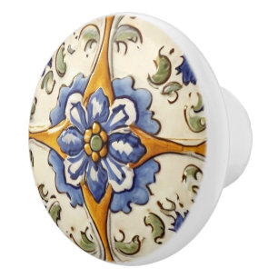Vintage Floral Blue Flower on White Green & Yellow Ceramic Knob