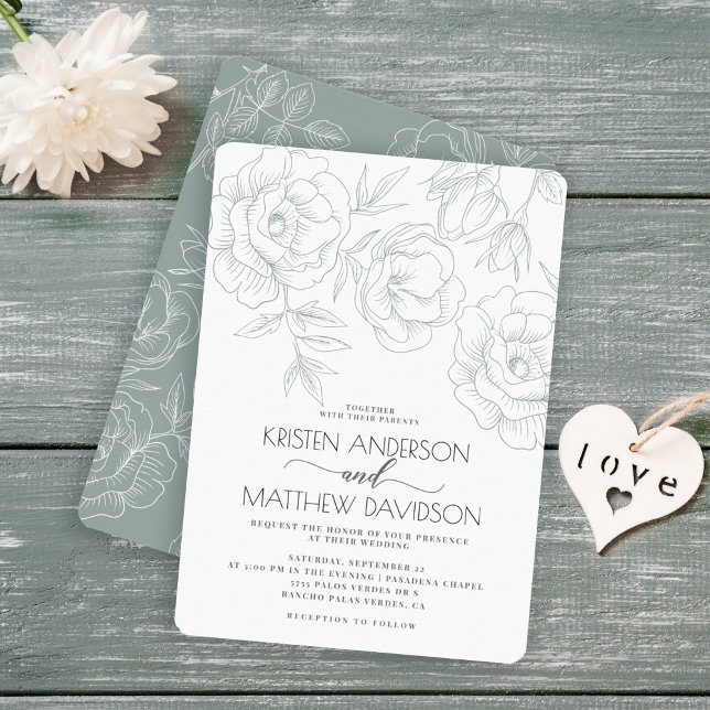 Vintage Floral Blue Grey Modern Wedding Invitation (Creator Uploaded)