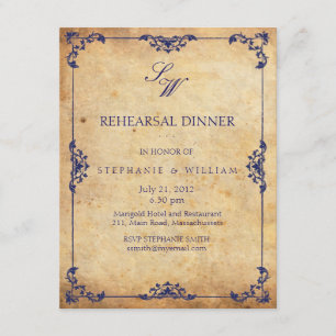 Vintage Floral Blue Monogram Rehearsal Dinner Card