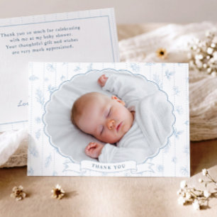 Vintage Floral Blue Oval Photo Baby Shower Thank You Card