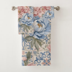 Vintage Floral Blue Pink Peony Tile Pattern Bath Towel Set