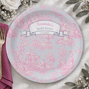 Vintage floral blue pink toile de jouy shower paper plate