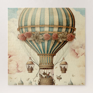 Vintage Floral Blue Stripe  Hot Air Balloon Jigsaw Puzzle