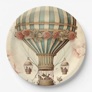 Vintage Floral Blue Stripe  Hot Air Balloon Paper Plate