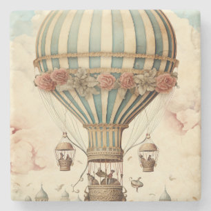 Vintage Floral Blue Stripe  Hot Air Balloon Stone Coaster