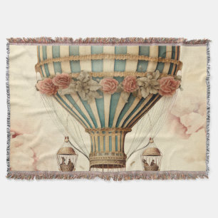 Vintage Floral Blue Stripe Hot Air Balloon Throw Blanket