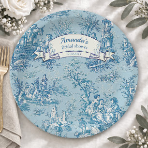 Vintage floral blue teal toile de jouy paper plate