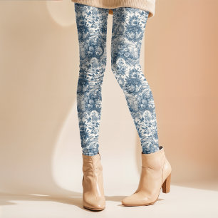 Vintage floral Blue toile de jouy monogram Leggings