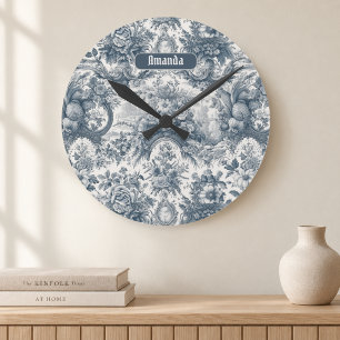 Vintage floral Blue toile de jouy monogram Round Clock