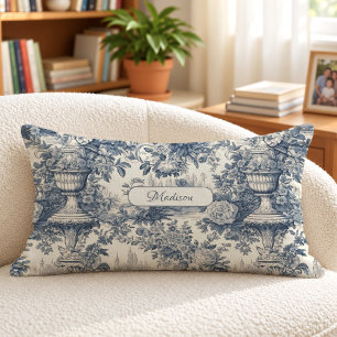 Vintage Floral Blue Toile Monogram Accent Lumbar Cushion