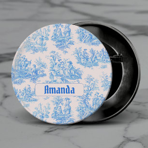 Vintage floral blue turquoise toile jouy monogram 3 cm round badge