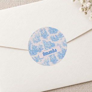 Vintage floral blue turquoise toile jouy monogram classic round sticker