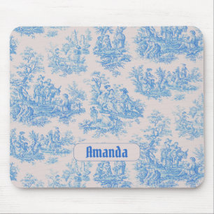 Vintage floral blue turquoise toile jouy monogram mouse pad