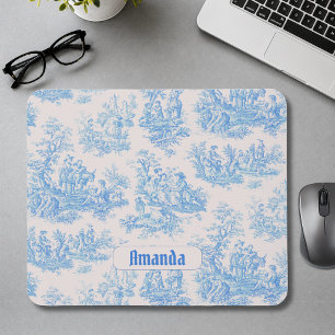 Vintage floral blue turquoise toile jouy monogram mouse pad