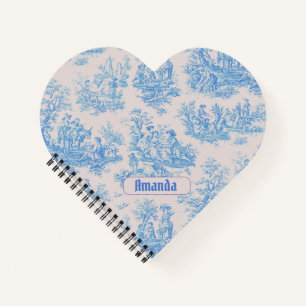 Vintage floral blue turquoise toile jouy monogram notebook