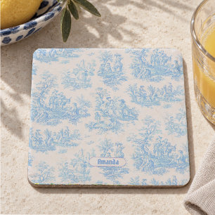Vintage floral blue turquoise toile jouy monogram stone coaster