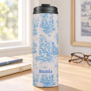 Vintage floral blue turquoise toile jouy monogram thermal tumbler