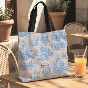 Vintage floral blue turquoise toile jouy monogram tote bag