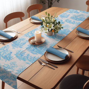 Vintage floral blue turquoise toile jouy short table runner