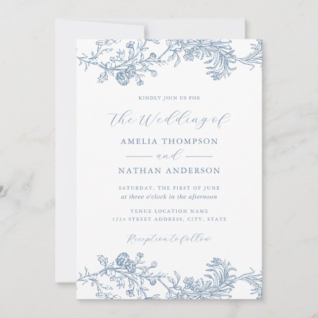 Vintage Floral Blue Wedding Invitation (Front)