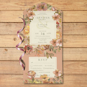 Vintage Floral Blush Pink & Rust Three Dinner All In One Invitation