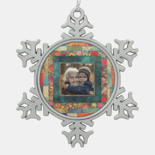 Vintage Floral Border Frame For Your Photos Snowflake Pewter Christmas Ornament