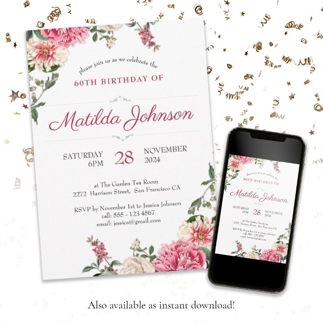 Vintage Floral Botanical 60th Birthday Party Invitation (Vintage Floral Botanical 60th Birthday Party Invitation)