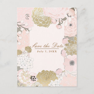 Vintage Floral Botanical Pink & Gold Save the Date Announcement Postcard
