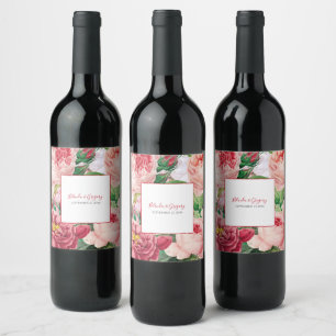 Vintage Floral & Botanical Pink Roses Wedding Wine Label