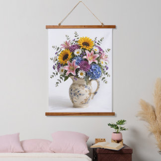 Vintage Floral Bouquet in Pitcher Hanging Tapestry