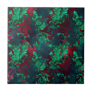 Vintage Floral  Bright Burgundy Emerald Green Ceramic Tile