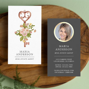 Vintage Floral Bronze Key Real Estate Agent Photo Business Card