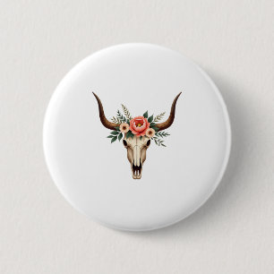 Vintage Floral Bull Skull Boho Western Botanical I 6 Cm Round Badge