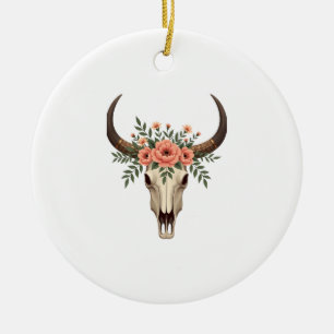 Vintage Floral Bull Skull Boho Western Botanical I Ceramic Ornament