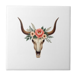 Vintage Floral Bull Skull Boho Western Botanical I Ceramic Tile