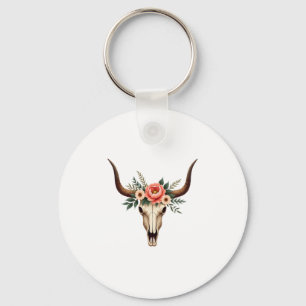 Vintage Floral Bull Skull Boho Western Botanical I Key Ring
