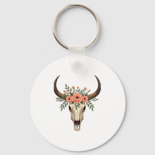Vintage Floral Bull Skull Boho Western Botanical I Key Ring