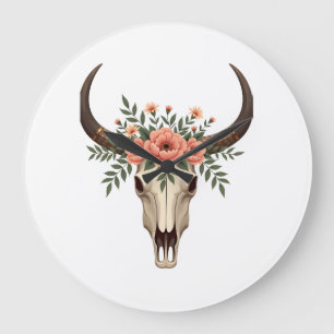 Vintage Floral Bull Skull Boho Western Botanical I Large Clock