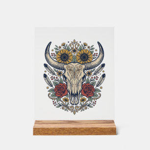 Vintage Floral Bull Skull Western Acrylic Sign