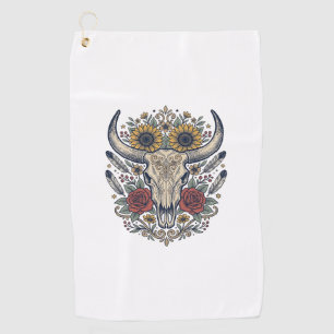 Vintage Floral Bull Skull Western Golf Towel