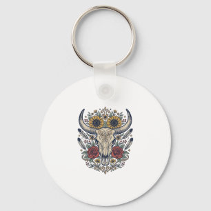 Vintage Floral Bull Skull Western Key Ring