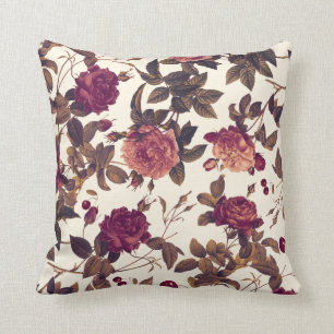Vintage Floral Burgundy Rose Cherry Throw Pillow