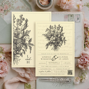 Vintage Floral Butter Yellow QR Christian Wedding Invitation