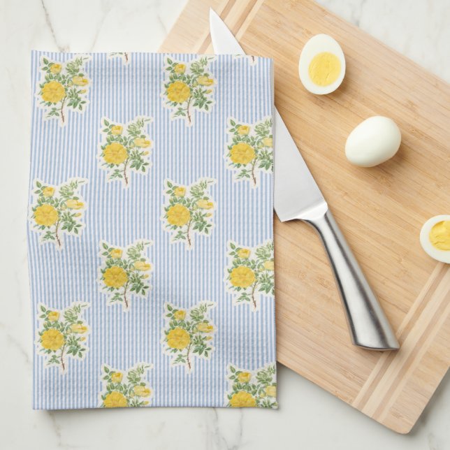 Vintage Floral Buttercups Blue Striped Tea Towel (Quarter Fold)
