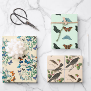 Vintage floral butterfly bird pattern pink green wrapping paper sheet