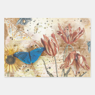 Vintage Floral Butterfly Decoupage Wrapping Paper Sheet