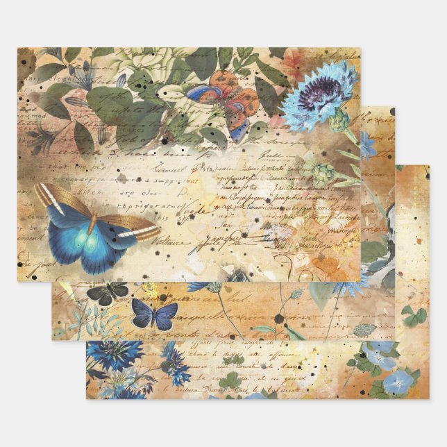 Vintage Floral Butterfly Decoupage Wrapping Paper Sheet (Set)