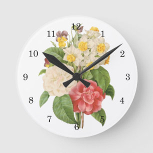Vintage Floral Camelia Daffodil Flowers by Redoute Round Clock