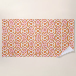 Vintage Floral Cameo Pattern In Pink & Orange Beach Towel