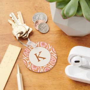 Vintage Floral Cameo Pattern In Pink & Orange Key Ring